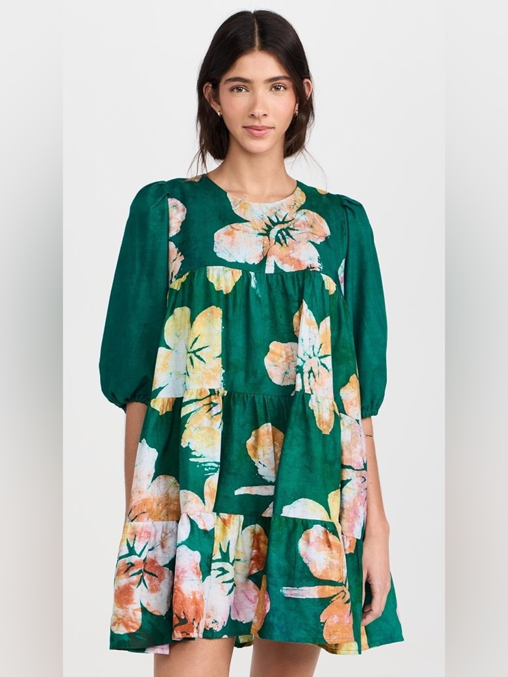 Tiered Floral Puff-Sleeve Dress Top - Green Floral